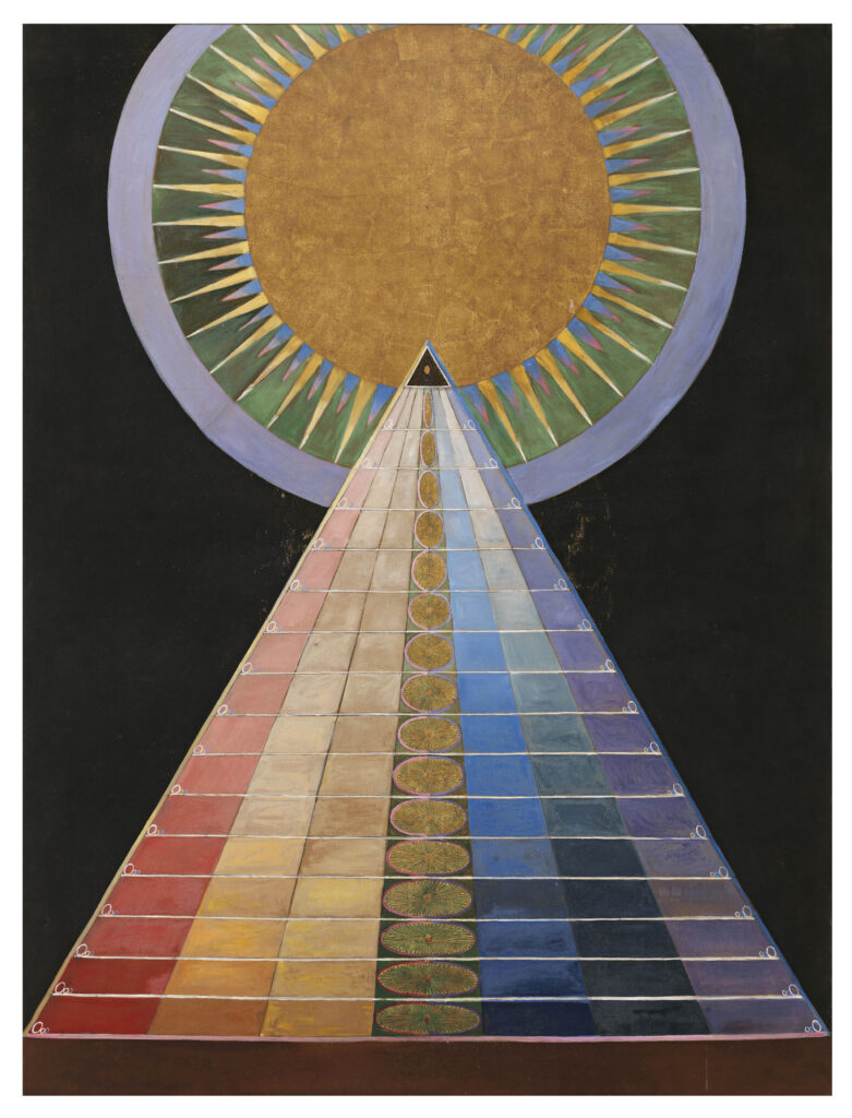 Hilma af Klint's Altarpiece No. 1, Group X, 1907, a pyramidal composition in gold, orange and blue