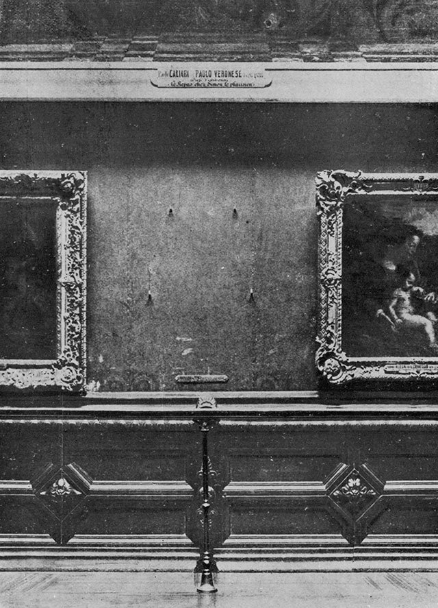 The empty wall in the Louvre's Salon Carre after the Mona Lisa theft in August 1911