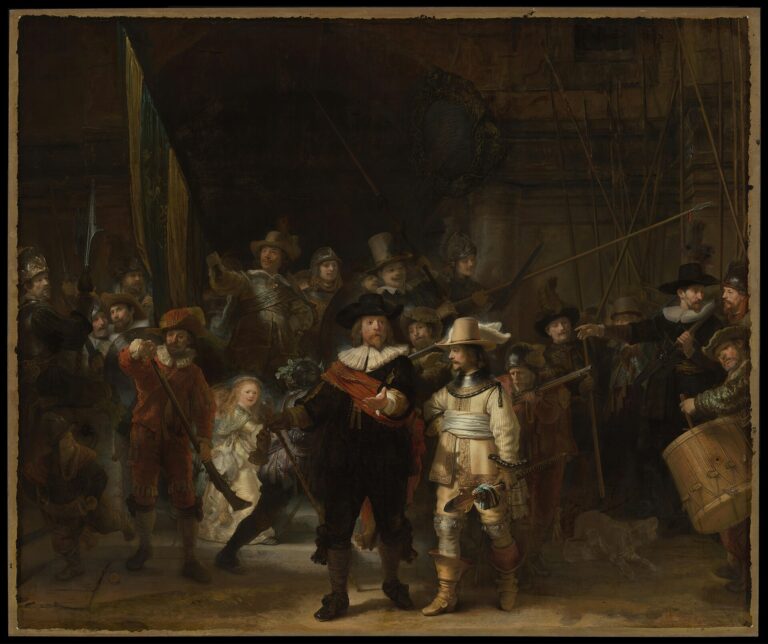 The Night Watch painting by Rembrandt, 1642, oil on canvas, on display at the Rijksmuseum in Amsterdam
