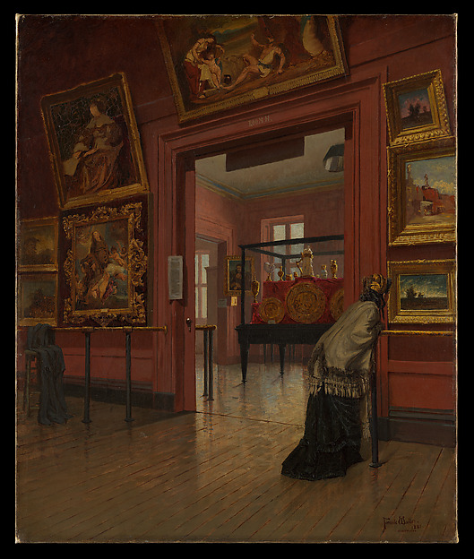 Visitors looking at paintings hung floor to ceiling in an 1881 gallery, a scene that shows how art consultants find artists for public spaces