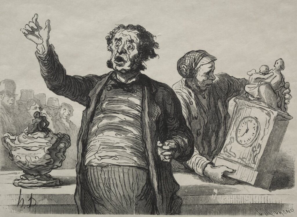 Honoré Daumier satirical painting of a 19th century auction room, illustrating how art auctions work