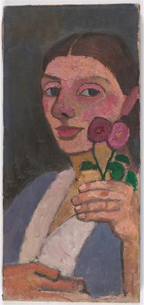 Paula Modersohn-Becker self-portrait from 1907, holding two flowers in her raised hand