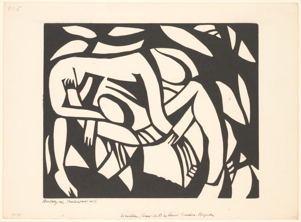 Wrestlers linocut by Henri Gaudier-Brzeska, a sculptor of the Vorticism art movement