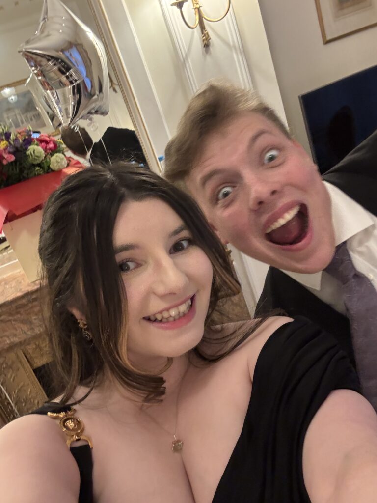 James Carter pulling a funny face at a black tie party in Mayfair