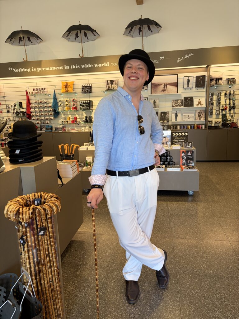 James Carter in a bowler hat with a cane at Chaplin's World, Vevey
