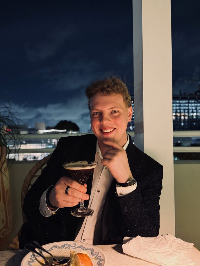 James Carter with an espresso martini at dinner in Miami