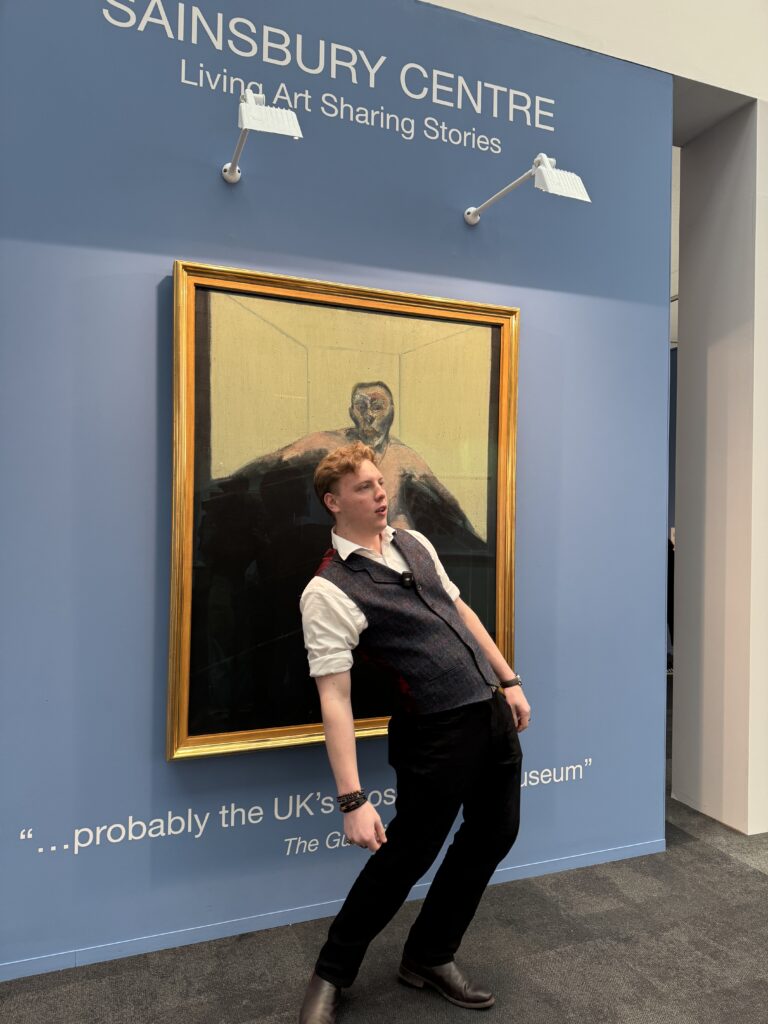 James Carter in a playful pose at the Sainsbury Centre stand, London Art Fair