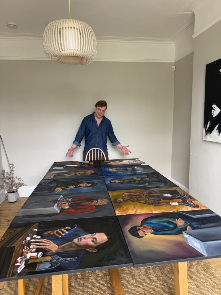 James Carter presenting a series of his oil portrait paintings