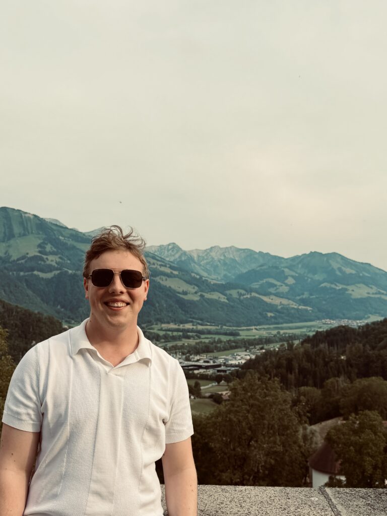 James Carter overlooking the valley at Gruyères, Switzerland