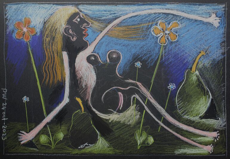 28 Two Pairs, Flowers and a Reclining Figure