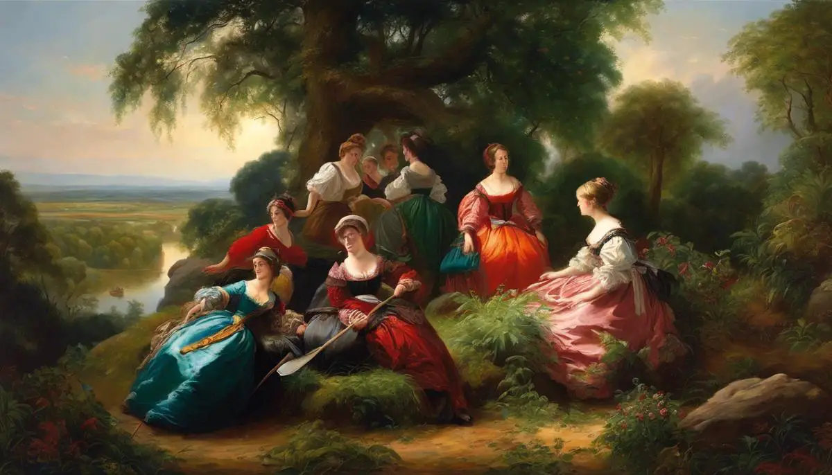 A vibrant painting showcasing various landscapes, battle scenes, and depictions of women, reflecting the diversity and evolution of 19th-century American art.