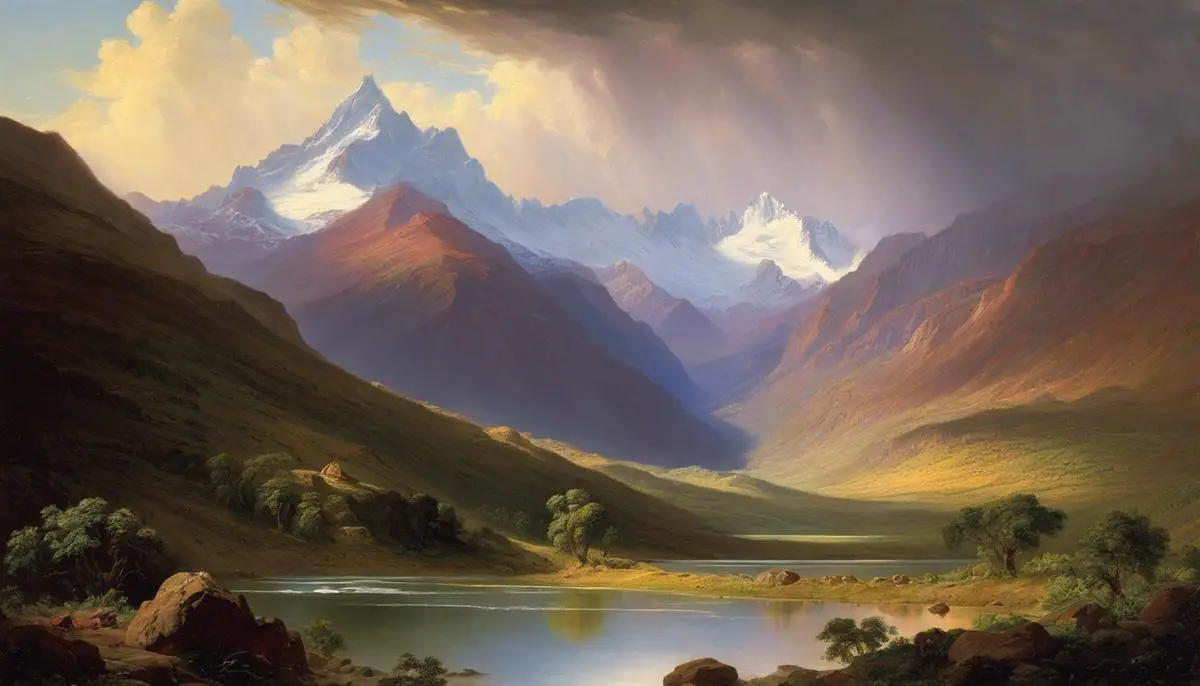 An image of Frederic Edwin Church's 'Heart of the Andes', showcasing intricate landscapes, interplay of light and dark, and stunning contrasts.