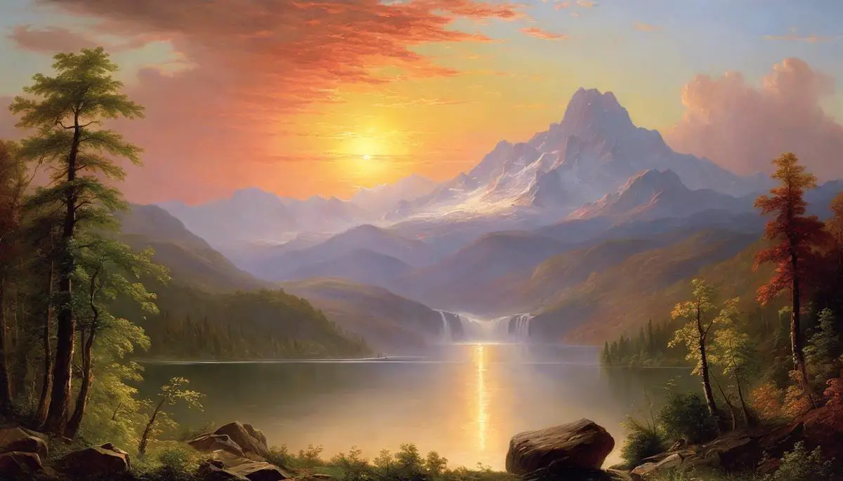 A painting by Frederic Edwin Church with vibrant colors depicting a landscape with a shining sun and mountains in the background