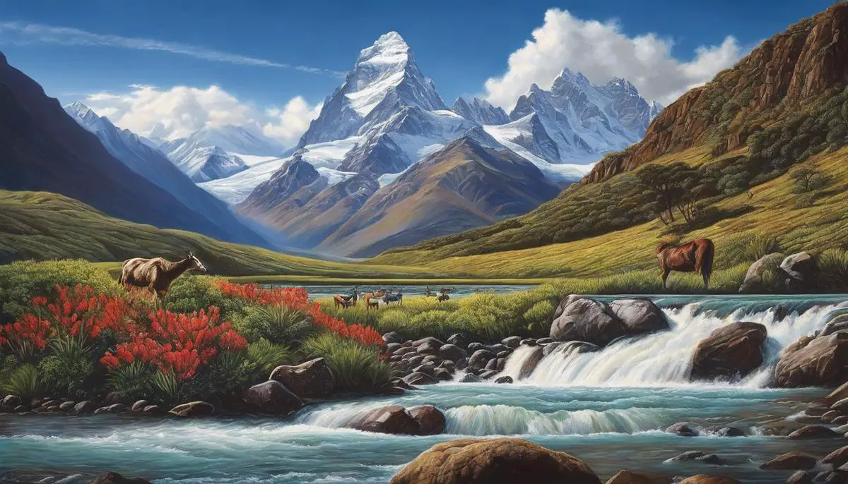 An image of 'Heart of the Andes', a painting filled with intricate depictions of natural wonder, capturing its grandeur and evoking awe and wonder.
