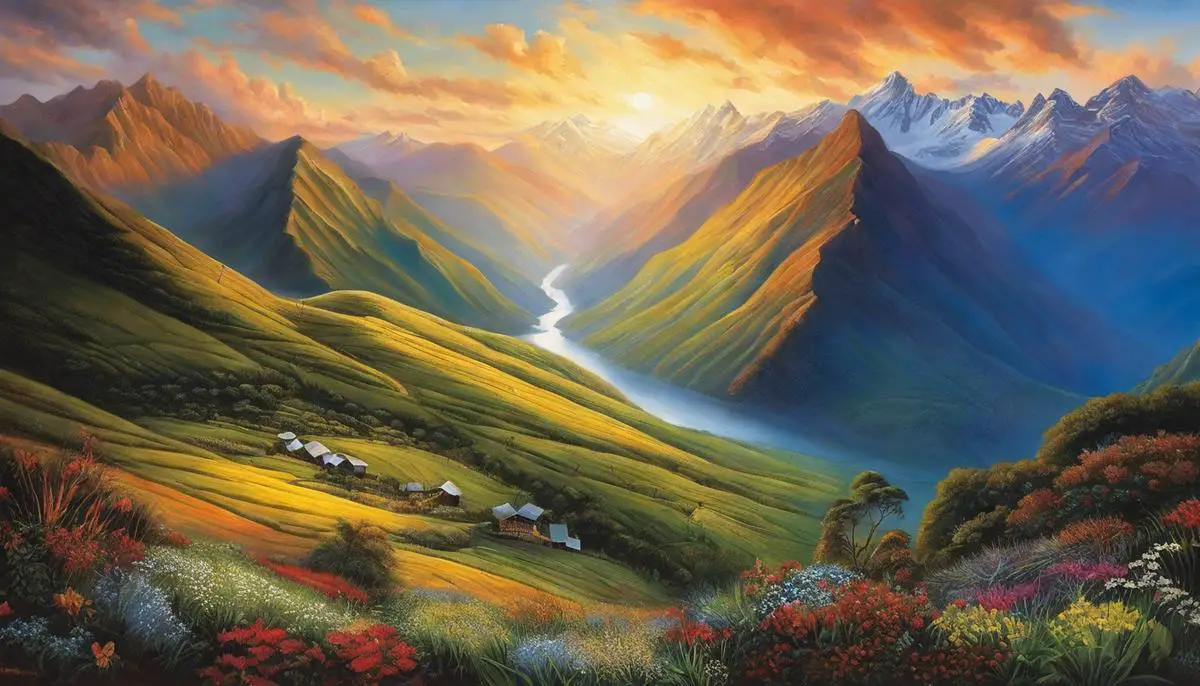 A painting depicting diverse South American landscapes, named Heart of the Andes, showcasing the exquisite beauty of nature.