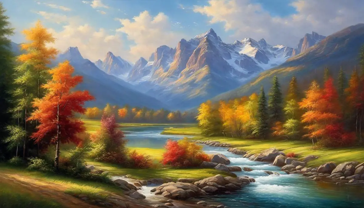 A painting depicting a scenic landscape with a river, lush trees, and mountains in the background. The colors are vibrant and there is a sense of serenity and grandeur in the scene.