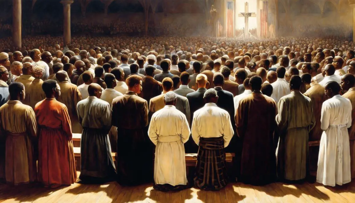 Image depicting Rockwell's painting 'Freedom to Worship' showing diverse worshippers engaged in prayer, symbolising freedom of religion.