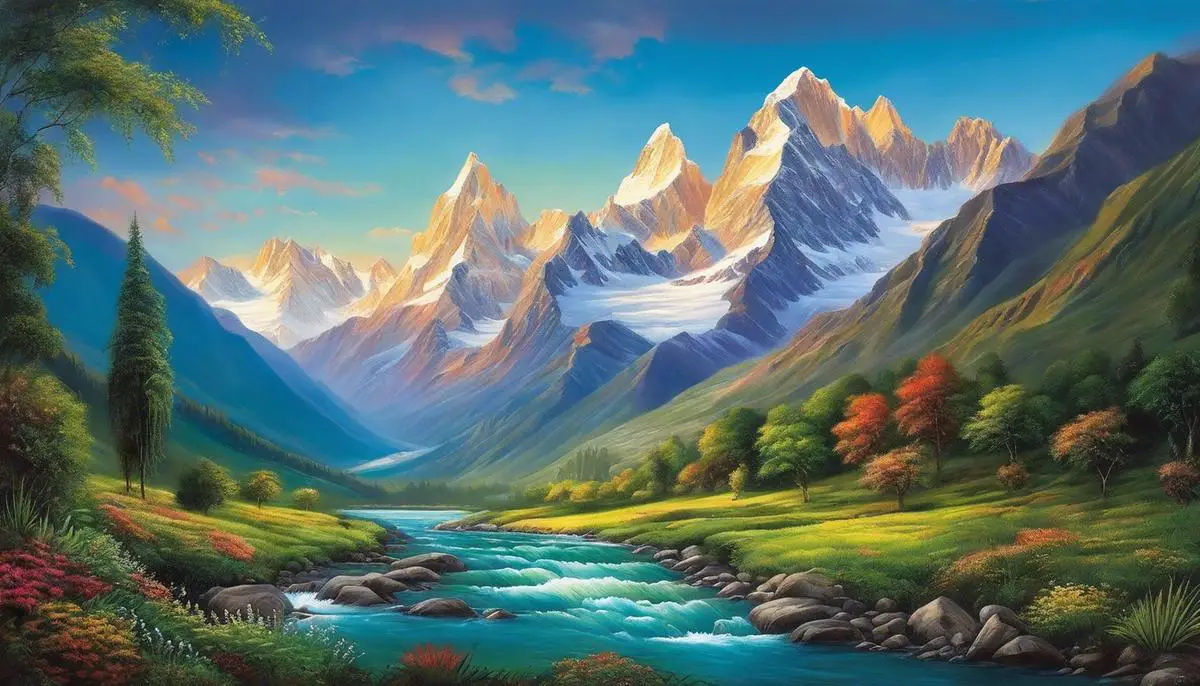 A breathtaking landscape painting depicting the grandeur of the Andes Mountains, with lush greenery, a serene river, and vibrant colors representing the beauty of nature.