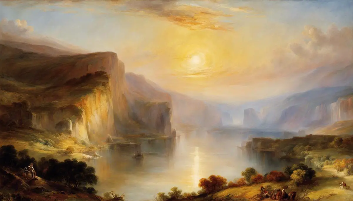 Painting by J.M.W Turner depicting a vibrant landscape with dramatic use of light and color, showcasing his revolutionary style.