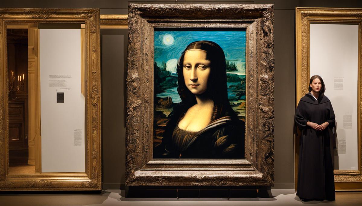 Three famous art thefts depicted in a collage - 'Mona Lisa' painting wrapped in a cloak, paintings hanging in the Van Gogh Museum, and empty frames in the Isabella Stewart Gardner Museum.