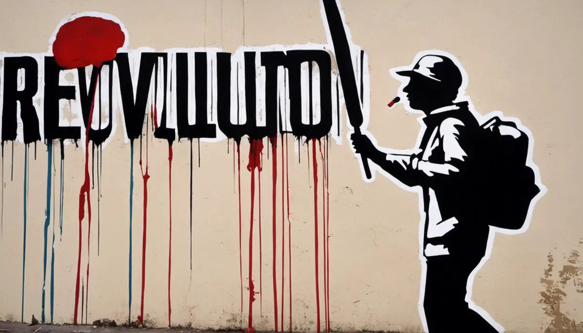 A visual representation of Banksy's street art showing a stenciled image of a protester holding a paintbrush and standing against a wall painted with the word 'revolution'.