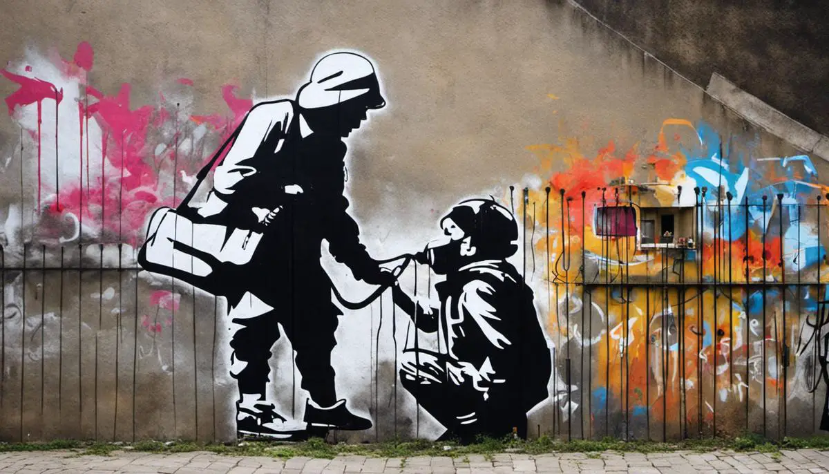 An image depicting Banksy's influence on street art, showing one of his iconic graffiti artworks on a city wall.
