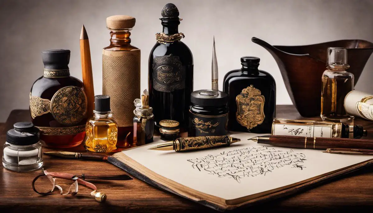 A picture of various calligraphy tools such as a pointed pen, ink bottle, and calligraphy paper.