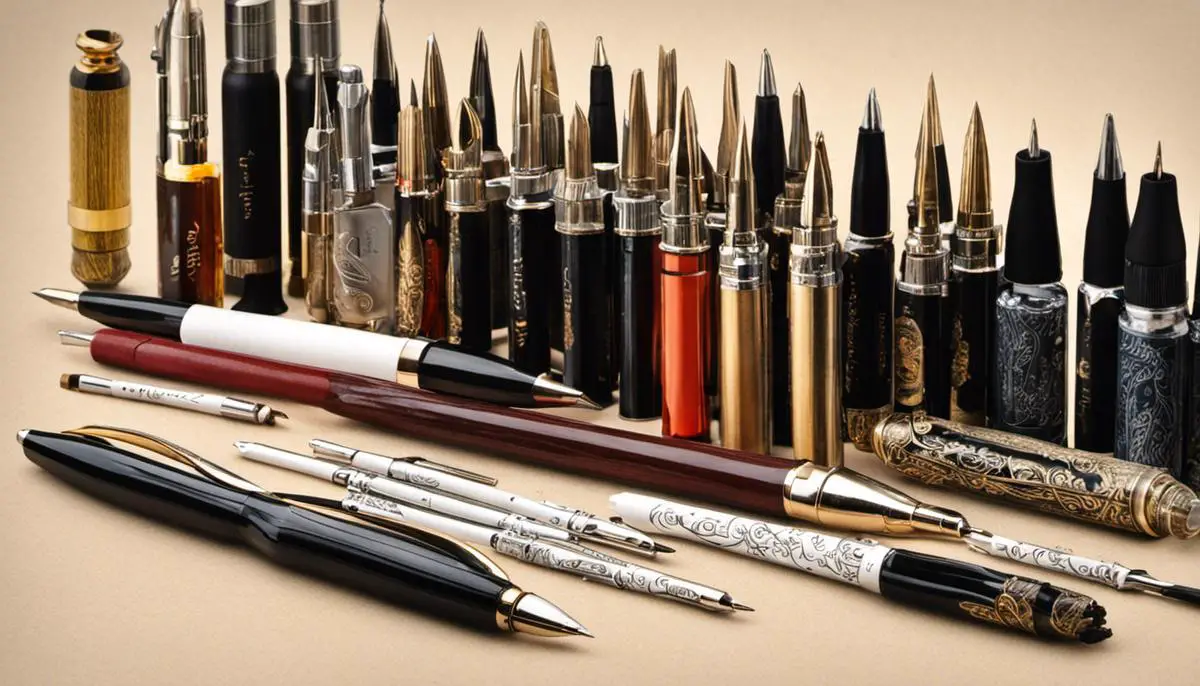 A visual representation of calligraphy tools including pens, nibs, ink, and paper.