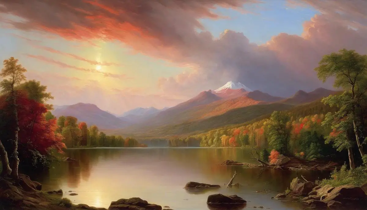 A breathtaking painting by Frederic Church showcasing a vibrant landscape