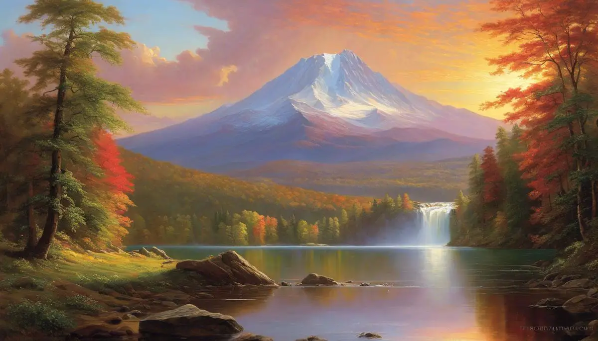 A depiction of a majestic landscape with vibrant colors, showcasing the interplay of light, color, and detail in Frederic Edwin Church's art.