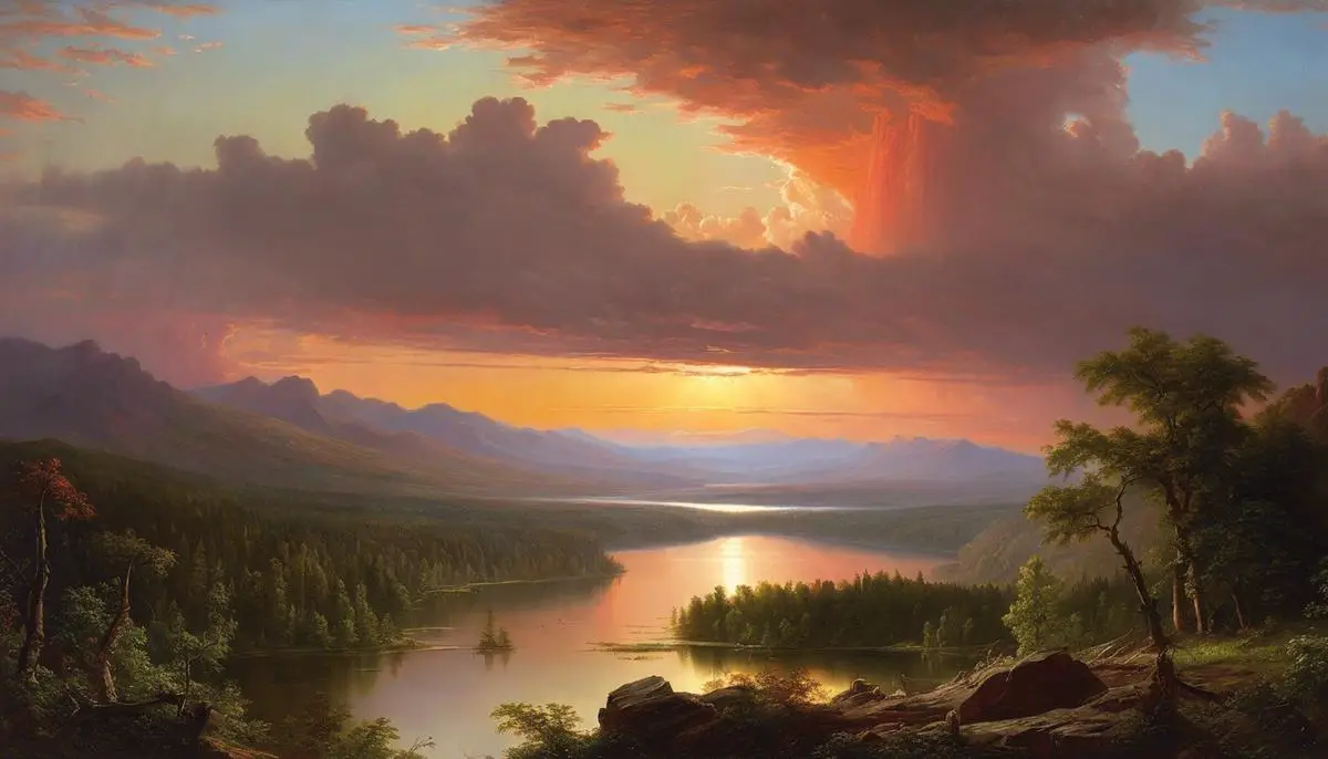 A painting by Frederic Edwin Church depicting a vast landscape with dramatic lighting and intricate details.