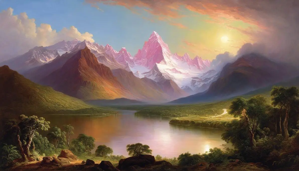 A breathtaking painting titled 'Heart of the Andes' by Frederic Edwin Church depicting a magnificent and detailed landscape of South America. The vivid colors and intricate elements invite the viewer to explore the beauty of the natural world through the artist's eyes.