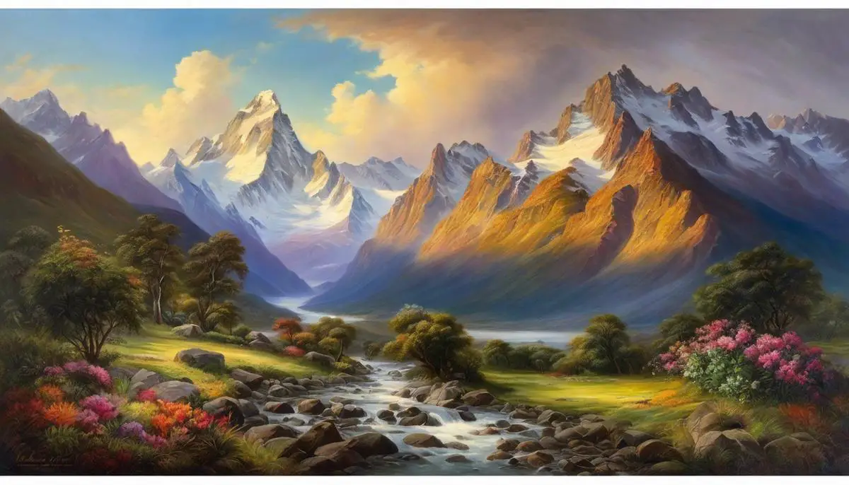 Frederick Church's 'Heart of the Andes', a painting depicting a breathtaking landscape featuring mountains, flora, and fauna in vivid colors.