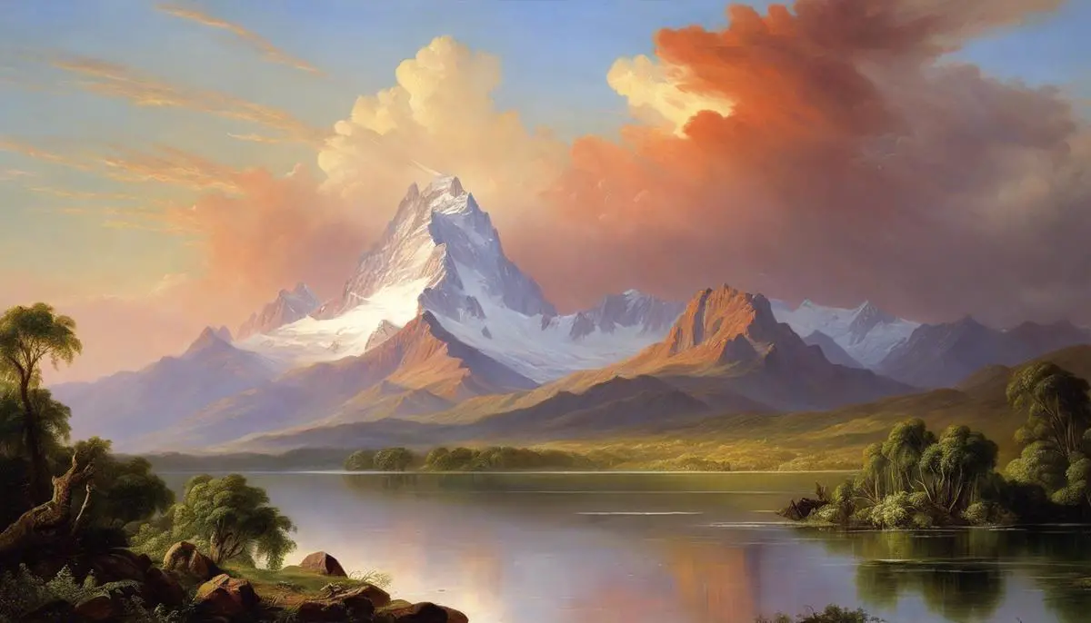 A magnificent landscape painting by Frederic Church depicting the natural beauty of the Andes Mountains, showcasing diversity in flora and fauna.