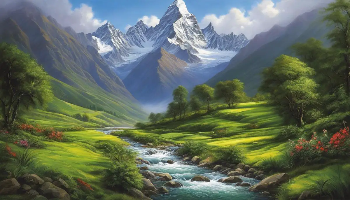 The Heart of the Andes painting displaying lush greens, gently flowing streams, and hauntingly majestic mountains