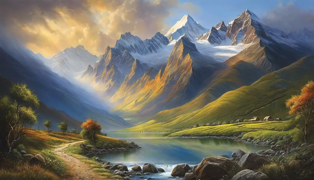 A majestic painting depicting the Andes, showcasing the harmony between nature and civilisation.