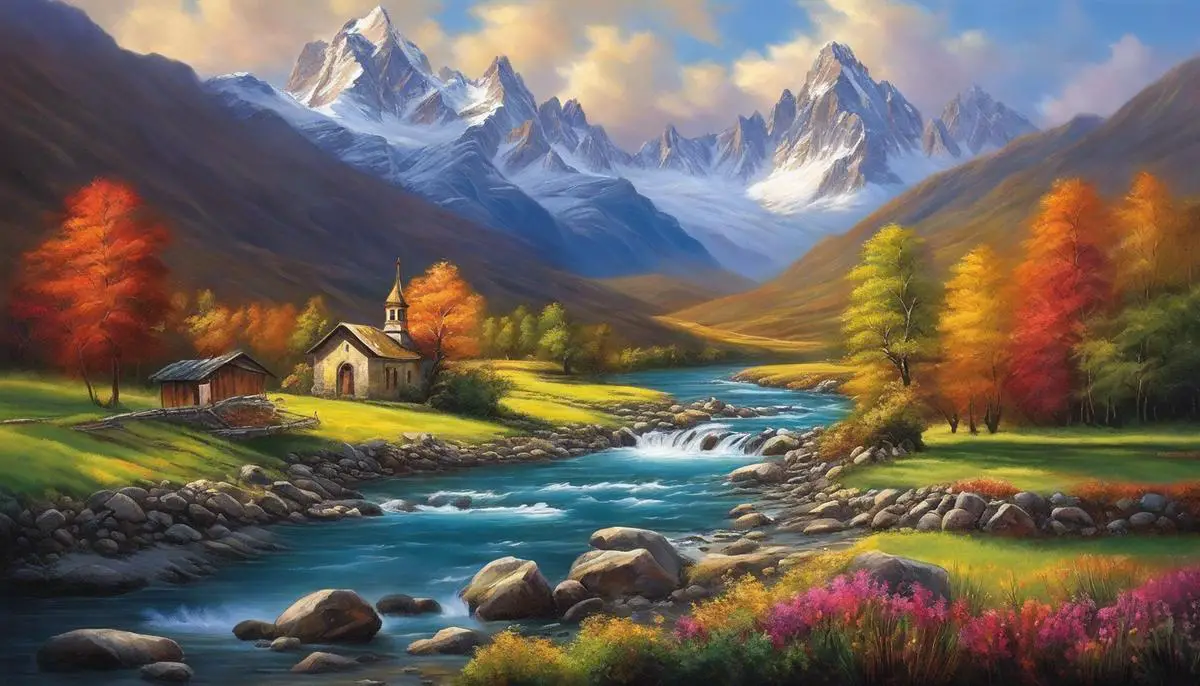 A breathtaking landscape painting showing the Heart of the Andes, with vibrant colors, towering mountains, and a small church nestled amidst rivers and highlands.