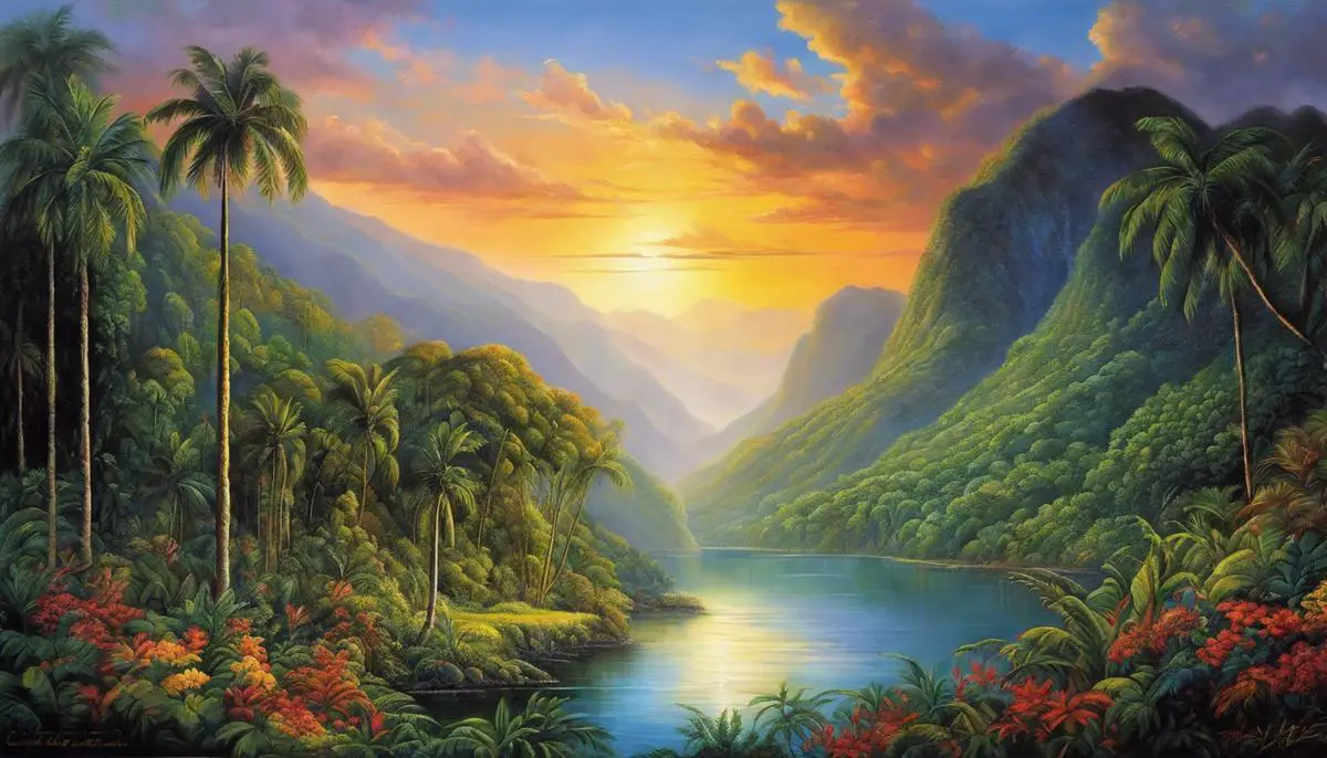 A detailed painting depicting the South American landscape. Varying hues of vibrant colors capture the beauty and realism of the jungle, mountains, and sky. The painting showcases depth and perspective, with attention to textures and the interplay of light and color. It evokes themes of discovery, majesty, and exploration.