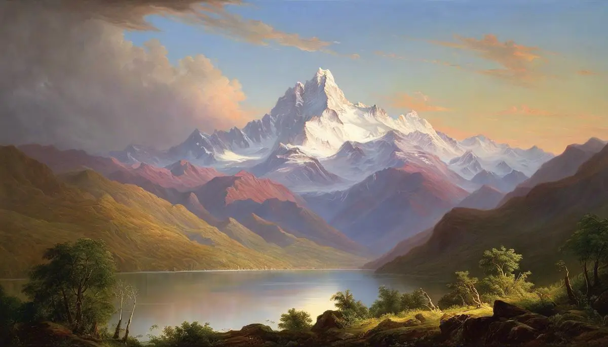 A detailed painting of a landscape of the Andes mountains created by Frederic Edwin Church.
