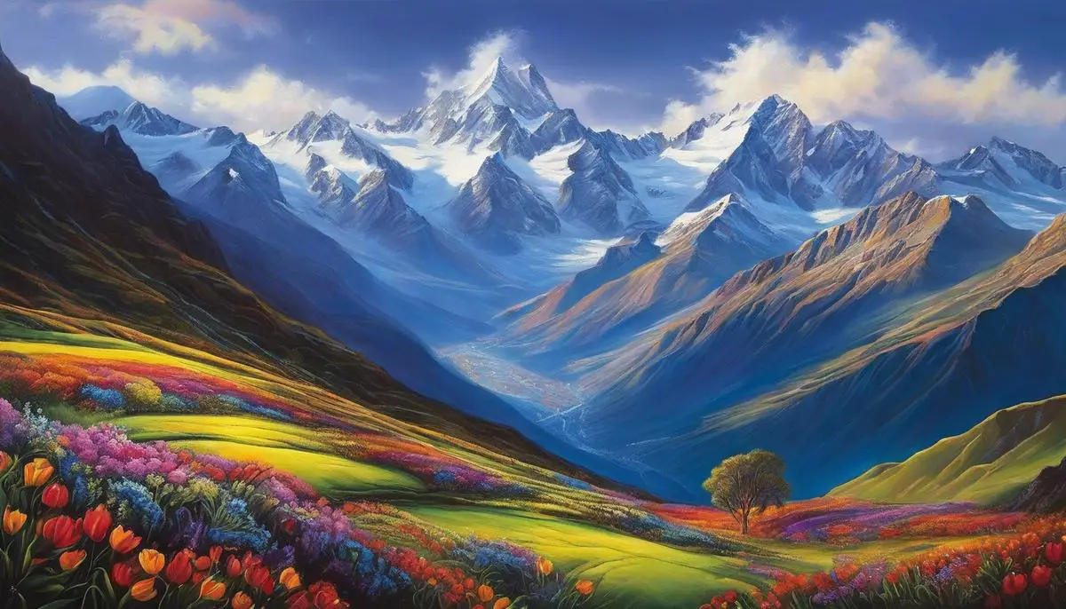 A breathtaking painting depicting the heart of the Andes, rich with vibrant colors and intricate details.
