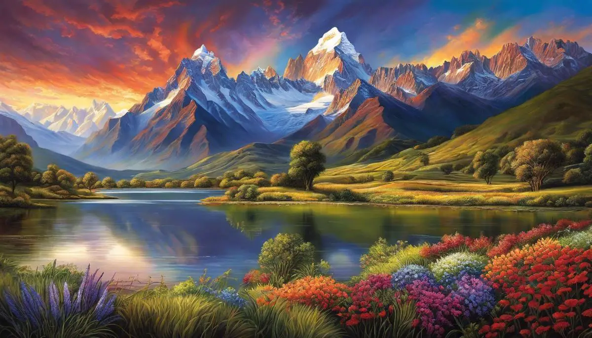 Image: A captivating painting depicting the beautiful landscapes of the Andes Mountains, showcasing vibrant colors and intricate detailing