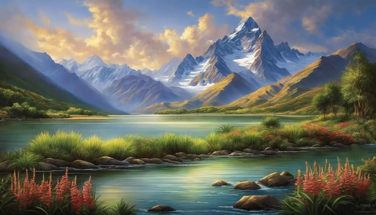 A painting of the Andes mountains, depicting towering peaks, lush vegetation, and tranquil waters.
