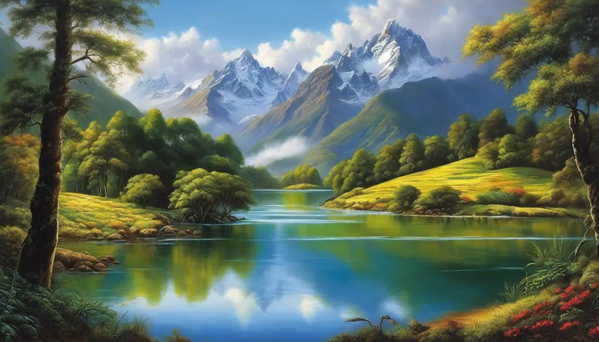 A majestic painting depicting the Andean landscape, with lush forests, towering mountains, and a serene lake.