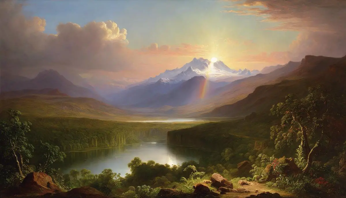 The image shows a painting titled 'Heart of the Andes' by Frederic Edwin Church. The painting is a landscape with a combination of exotic elements and familiar Christian symbols, evoking strong emotions and intellectual engagement in viewers. It has had a lasting influence on the art world and society, emphasizing the importance of environmental stewardship.