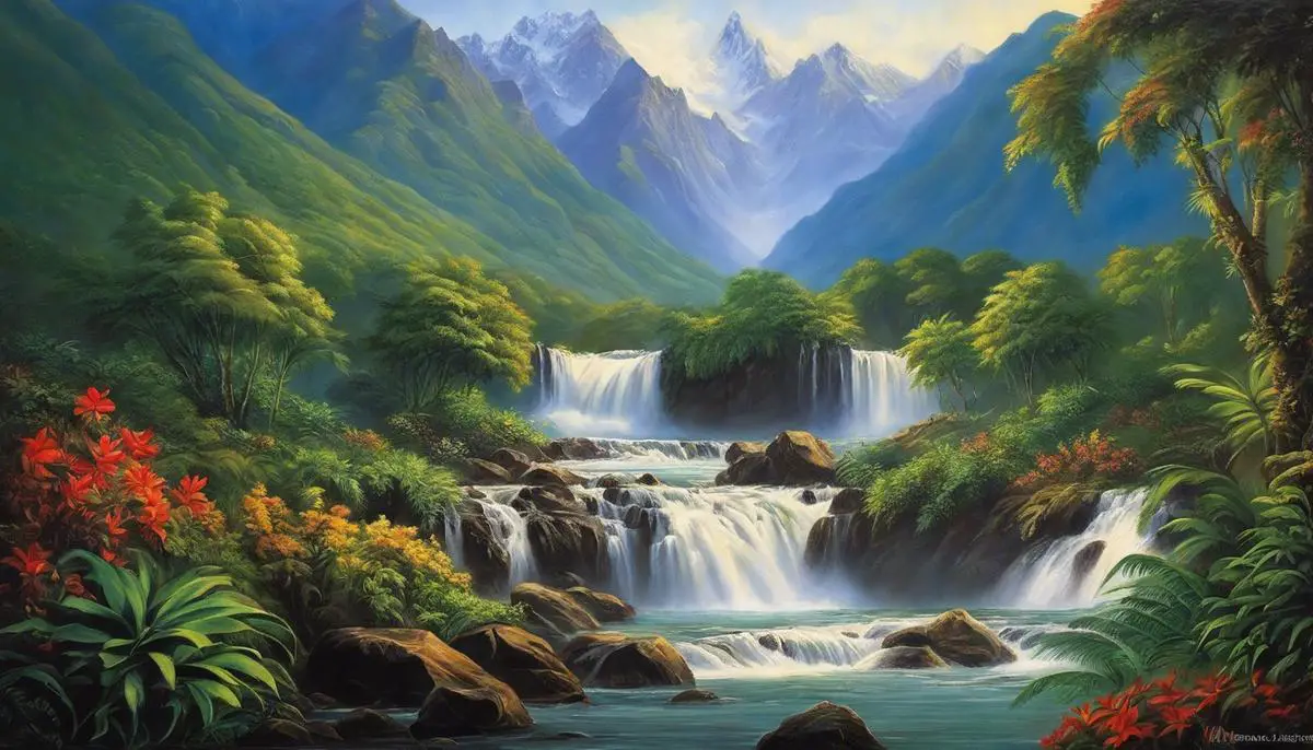 A majestic landscape painting depicting the Andes mountains, tropical foliage, and a cascading waterfall.