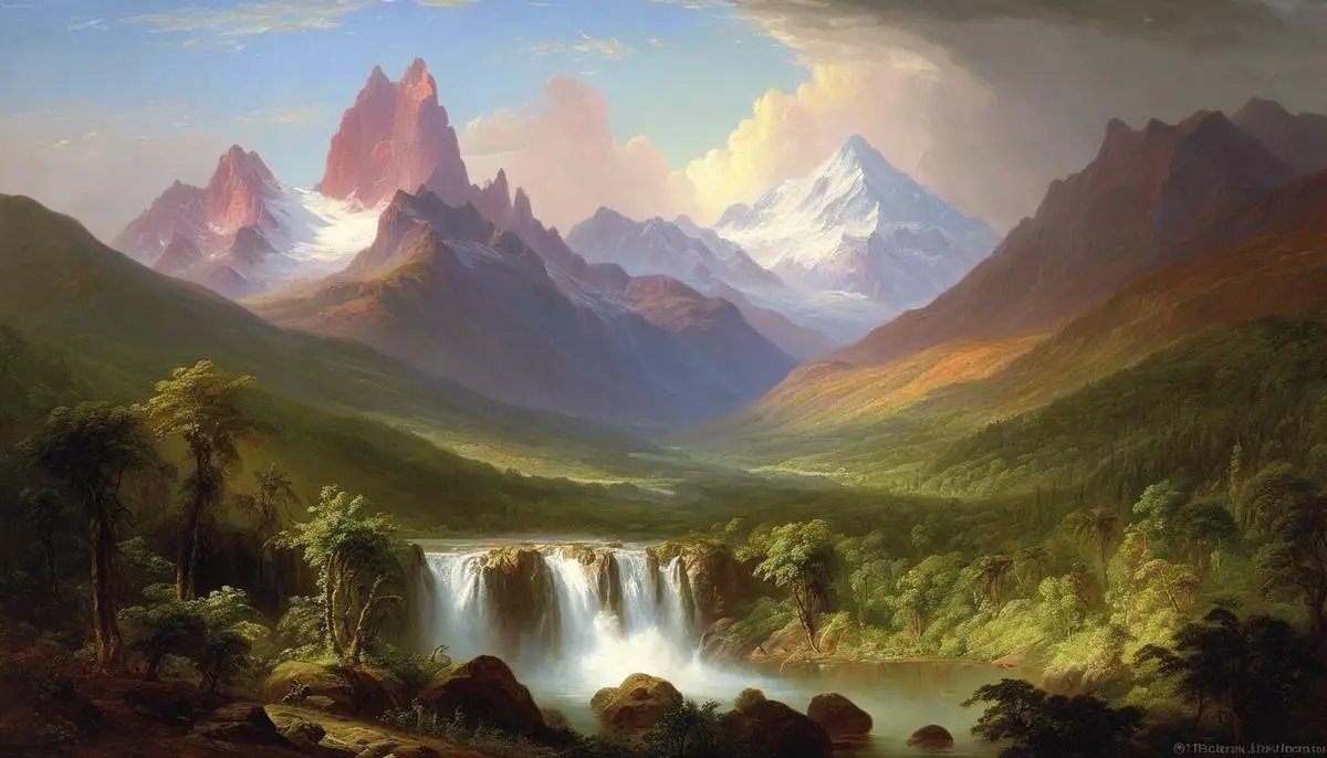 An image of the painting 'Heart of the Andes' by Frederic Edwin Church, showing a lush landscape of towering peaks, dense foliage, waterfalls, and a dramatic sky.