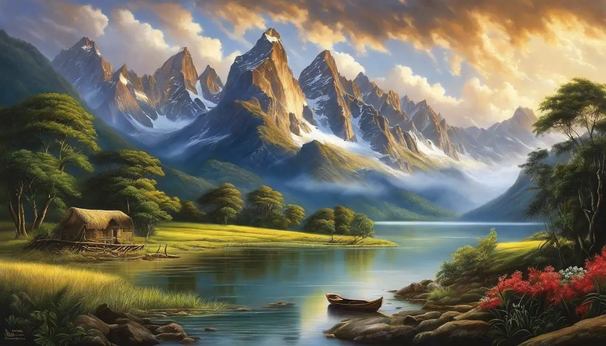 A beautiful landscape painting featuring mountains, trees, rivers, and clouds, capturing the spirit of the South American wilderness.