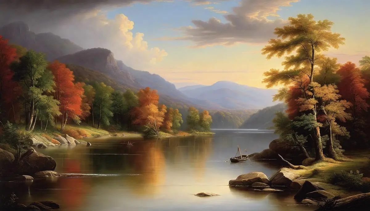 An image depicting a tranquil river surrounded by majestic trees and a dramatic sky, showcasing the untamed beauty of nature as celebrated by the Hudson River School.