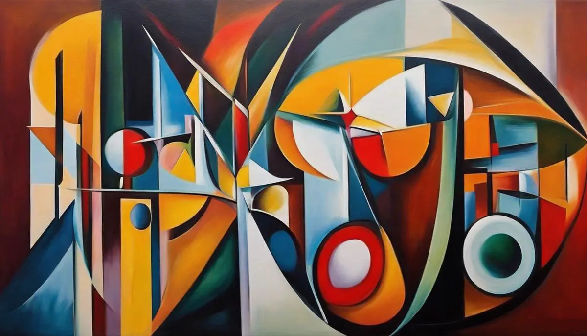 An abstract painting depicting shapes merging into each other, symbolizing the complexity of reality and the influence of Picasso's 'Ma Jolie' in shaping art styles worldwide.