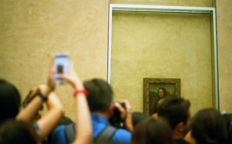 A selfie of a person with Mona Lisa in the background, symbolizing the fascination with capturing oneself with the iconic artwork.